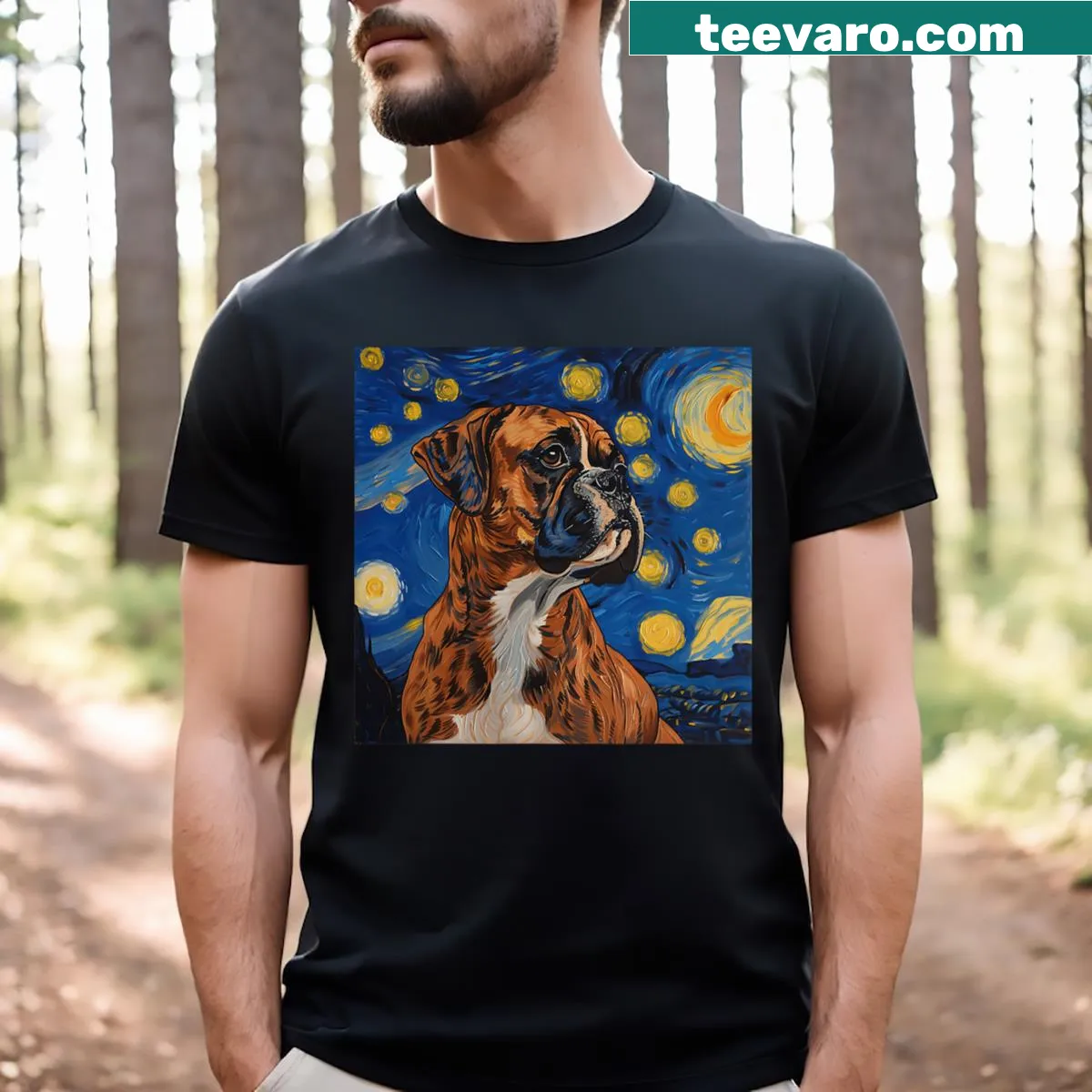 Boxer dog in Van Gogh's Starry Night style on T-shirt — on a men's t-shirt