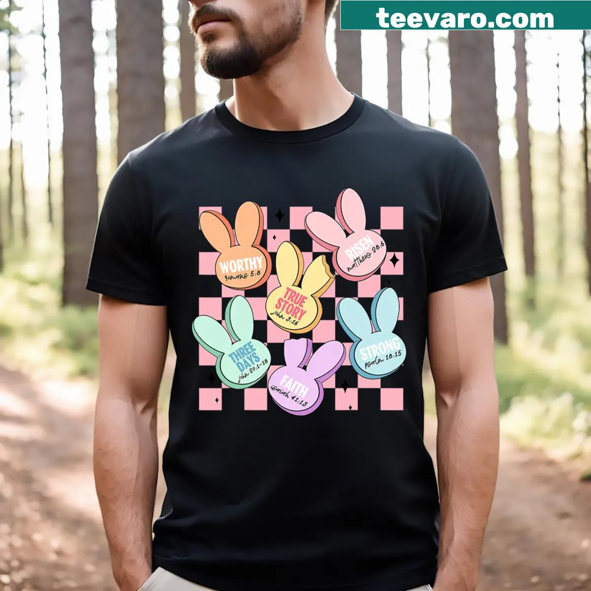Cute Easter T-shirt with a bunny and candy design — on a men's t-shirt
