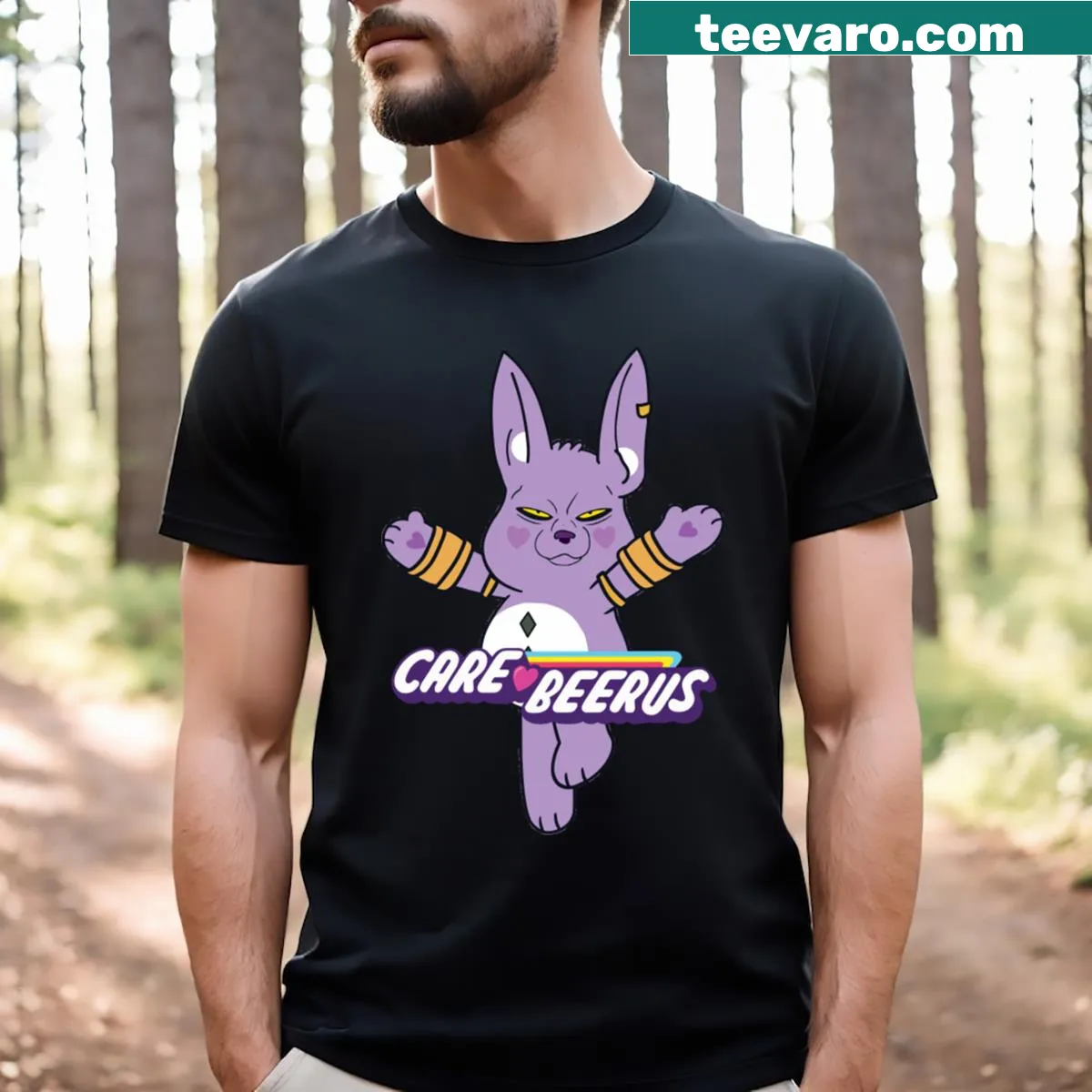 Anime-inspired T-shirt with a humorous 'Care Beerus' graphic — on a men's t-shirt