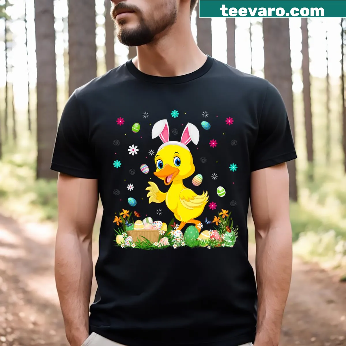 Cute Easter-themed tee with a bunny and duck illustration for kids. — on a men's t-shirt