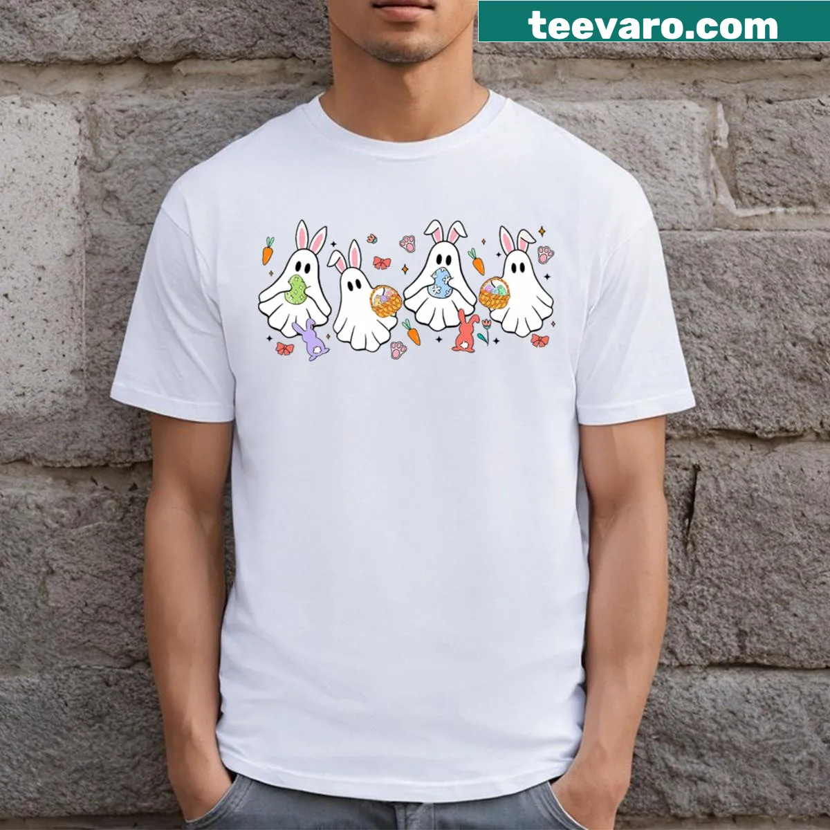 Cute floral bunny ghost graphic on a girl’s T-shirt. — on a men's t-shirt