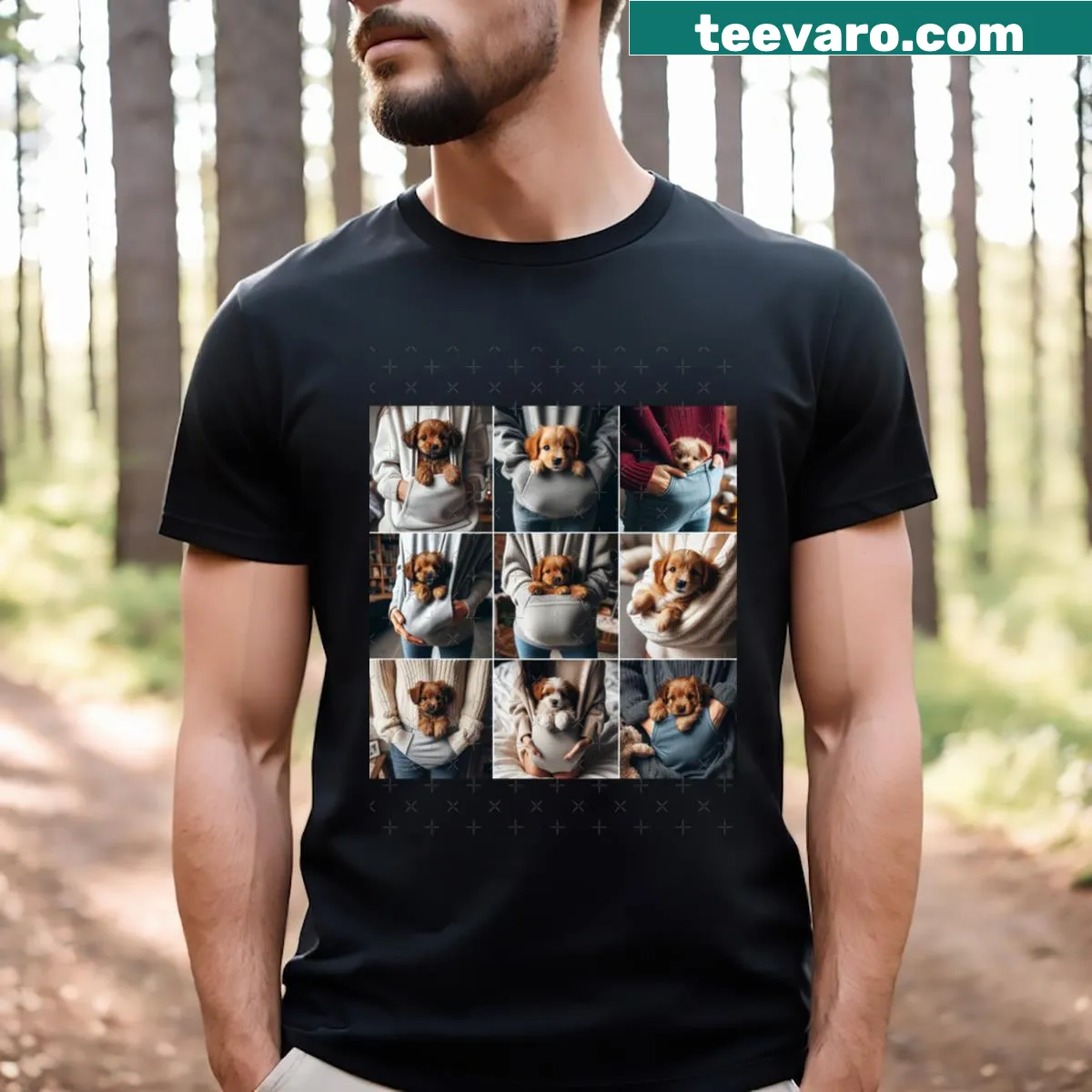 T-shirt featuring cute puppies peeking out of pockets — on a men's t-shirt