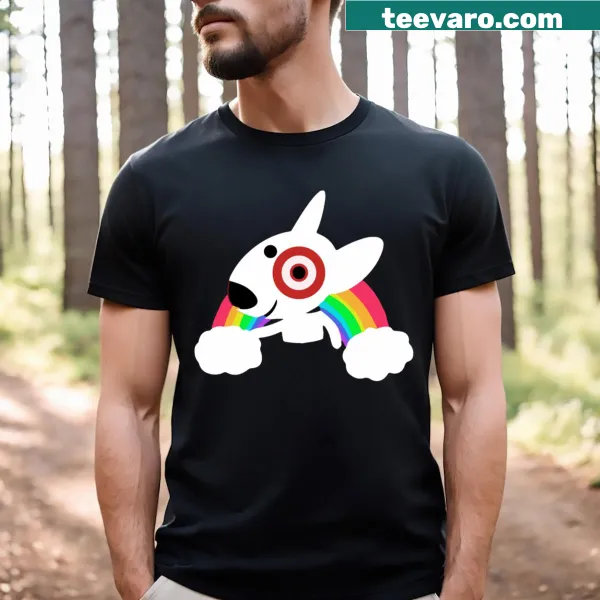 Colorful rainbow puppy graphic on a T-shirt