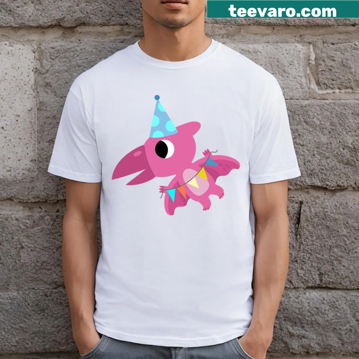Cartoon dinosaur celebrating a birthday on a t-shirt — on a men's t-shirt