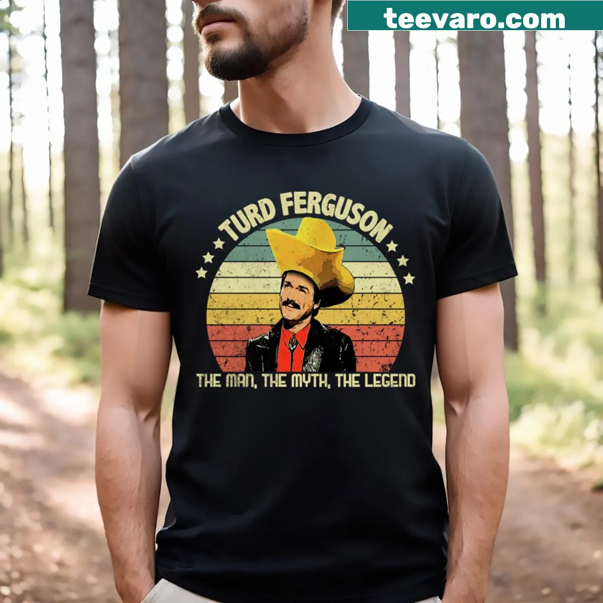 Vintage distressed t-shirt with sunset and humorous graphic — on a men's t-shirt
