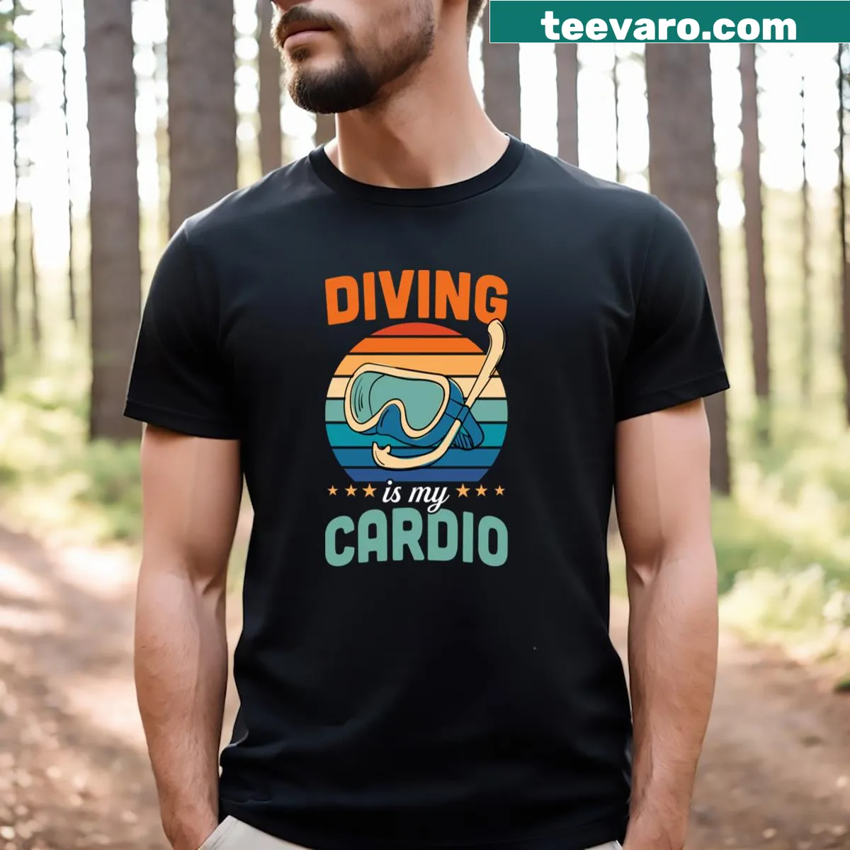 Funny T-shirt for divers with 'Diving Is My Cardio' slogan. — on a men's t-shirt