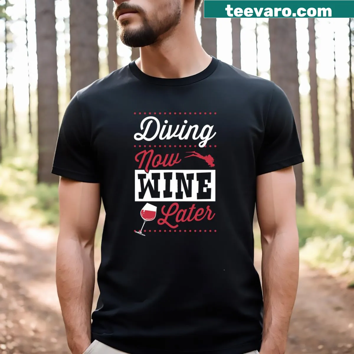 Funny T-shirt with the phrase 'Diving Now Wine Later' for divers — on a men's t-shirt