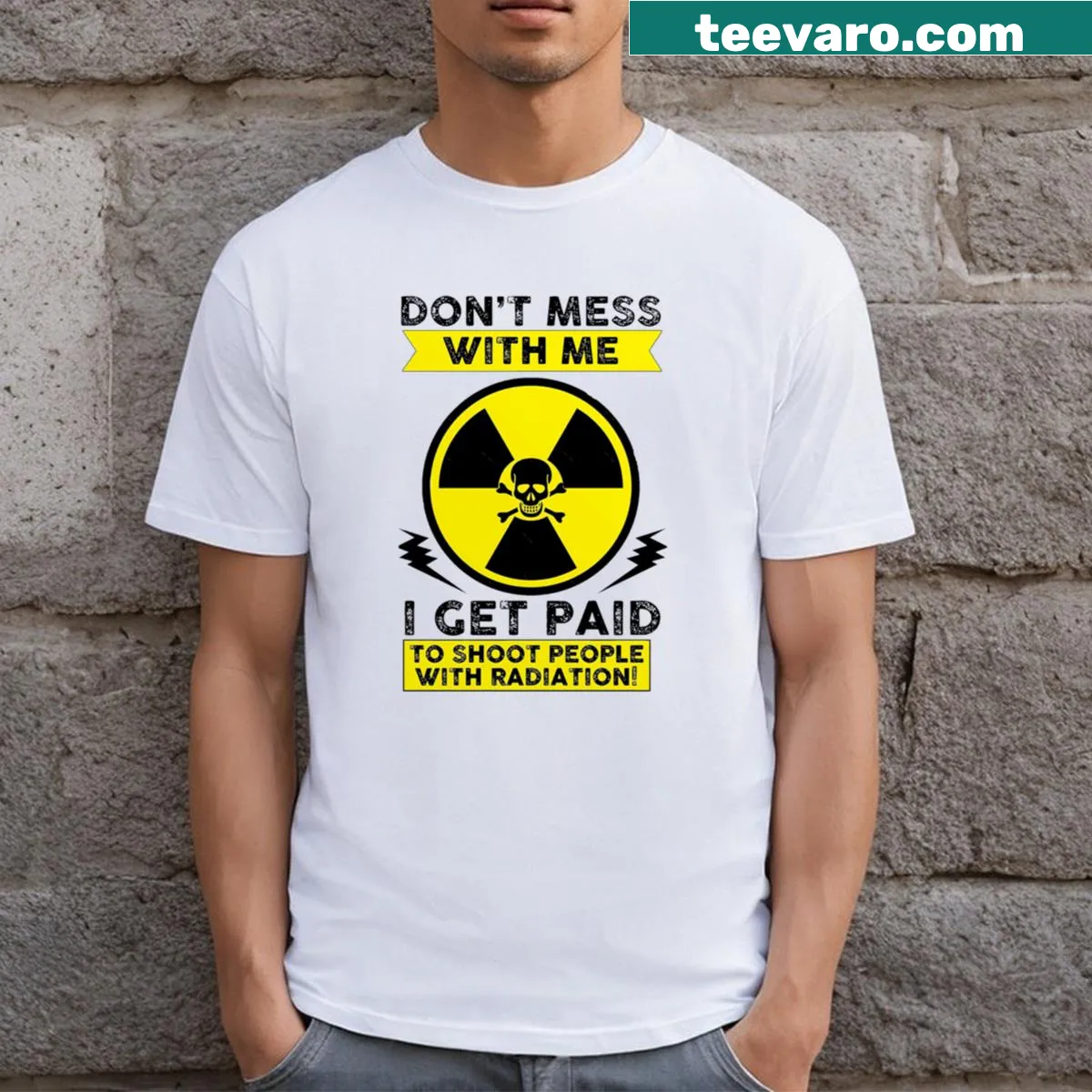 Funny radiologist shirt with text about shooting radiation — on a men's t-shirt