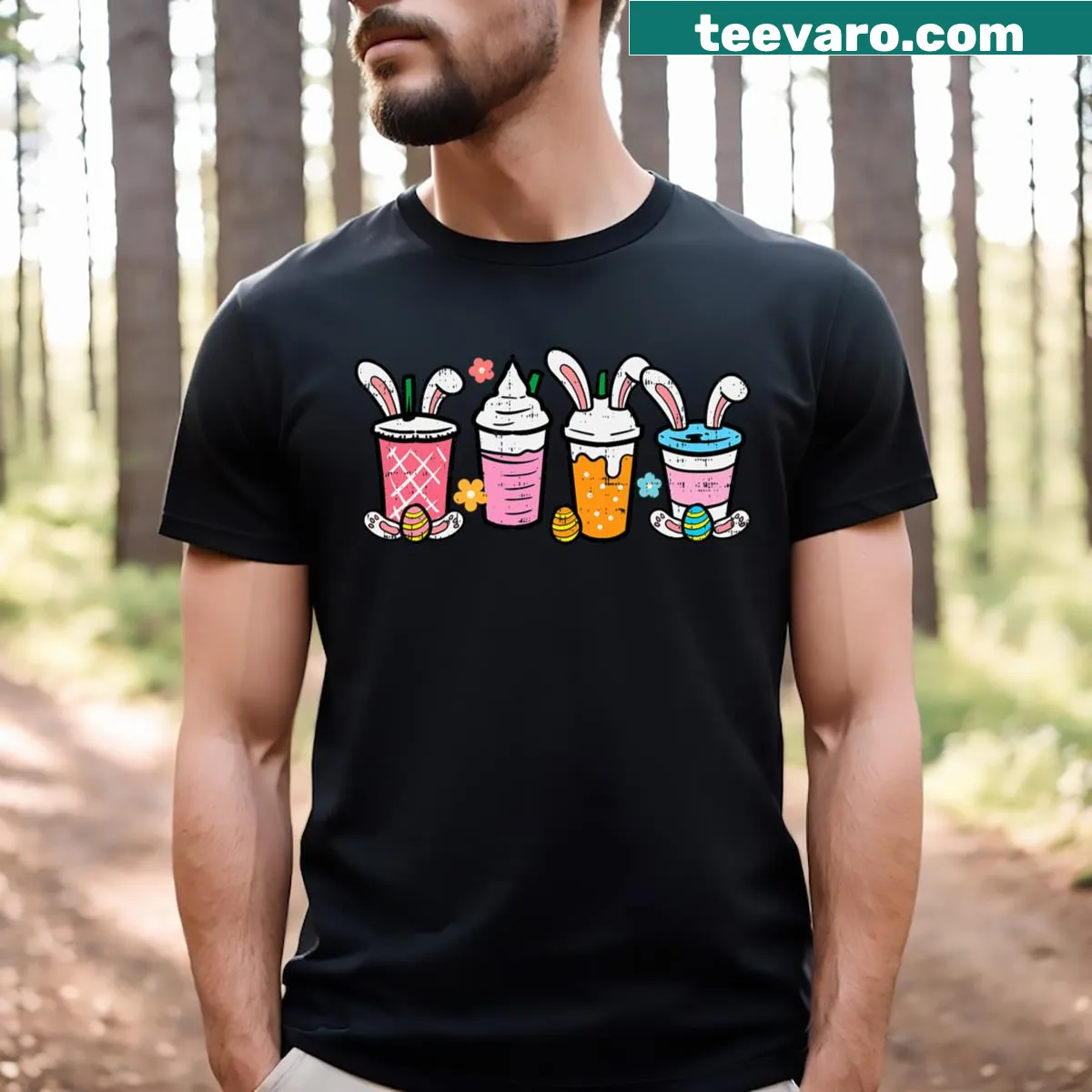 Cute bunnies with iced lattes in playful Easter design — on a men's t-shirt