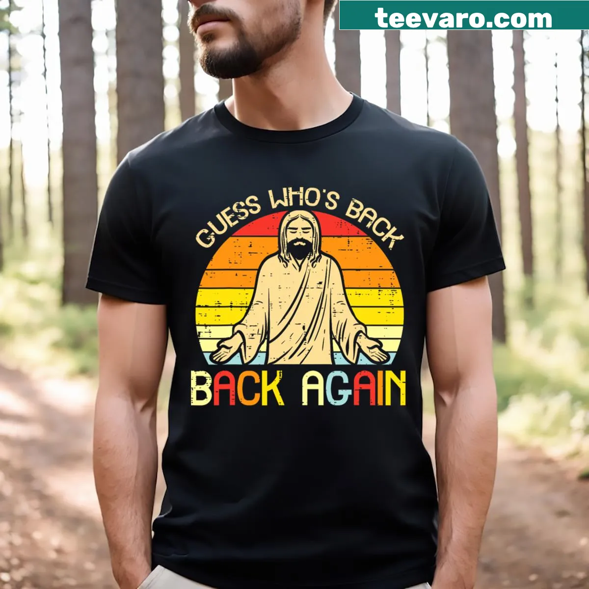 Easter t-shirt with text 'Guess Who’s Back?' and an illustration of Jesus. — on a men's t-shirt