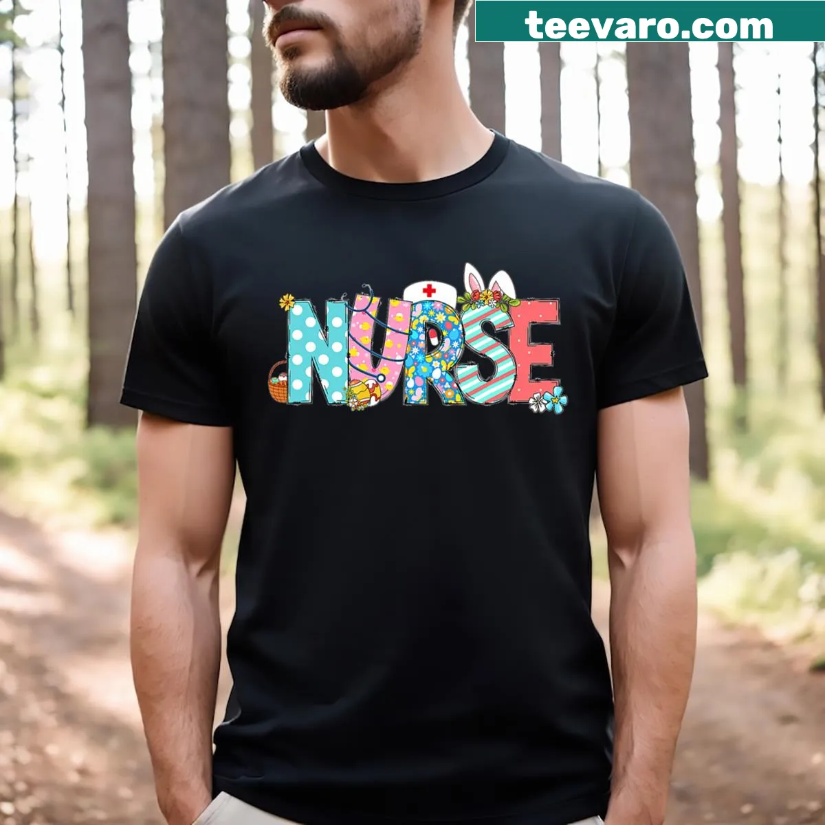 Nurse Easter shirt with stethoscope and eggs graphic — on a men's t-shirt