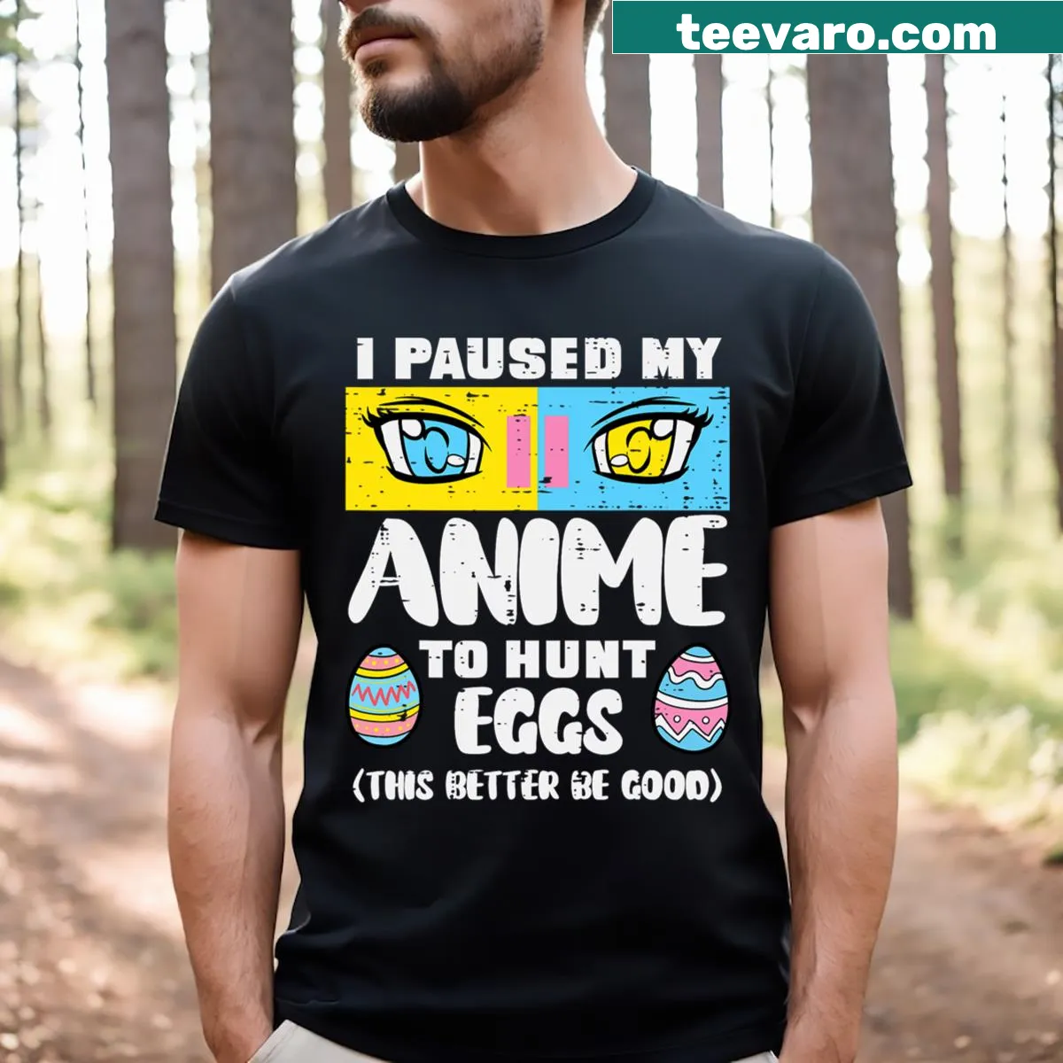 Cartoon t-shirt showing anime character and Easter eggs for kids. — on a men's t-shirt