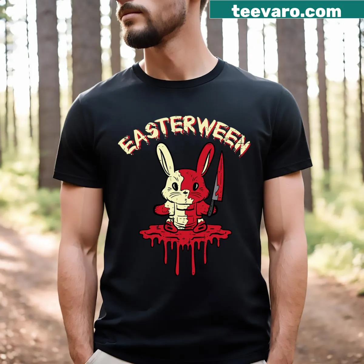 Distressed t-shirt featuring a bloody bunny design for Easter and Halloween fans. — on a men's t-shirt