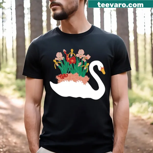 Illustrated T-shirt featuring a swan and orchid bouquet