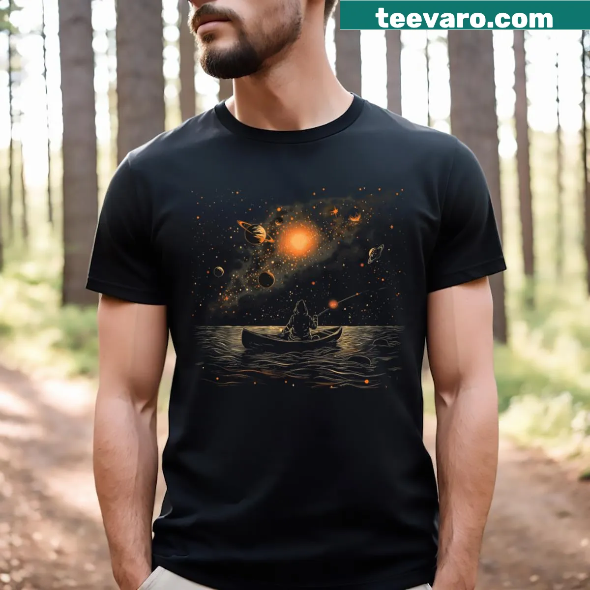 Graphic t-shirt illustrating fishing at night — on a men's t-shirt