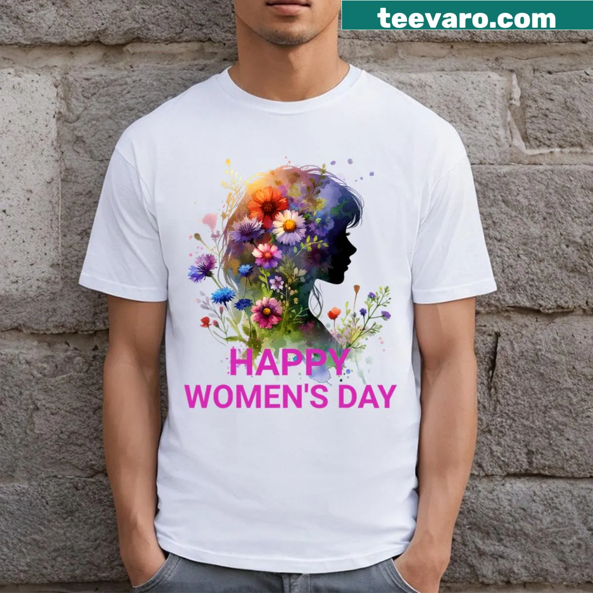Floral designed T-shirt celebrating International's Day — on a men's t-shirt