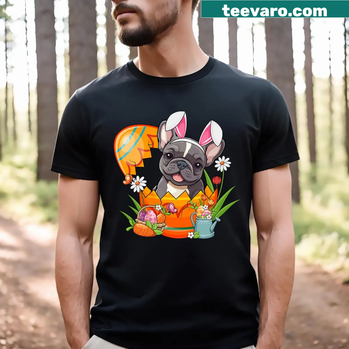 T-shirt featuring a French Bulldog with rabbit ears for Easter — on a men's t-shirt