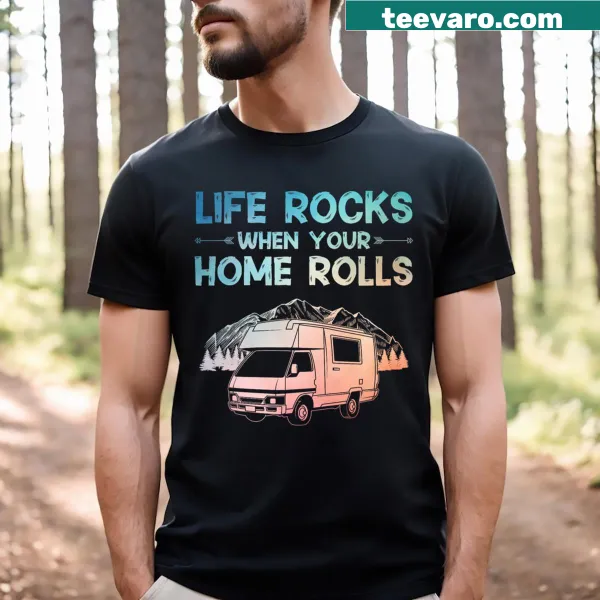 Camping-themed t-shirt featuring humorous outdoor illustrations