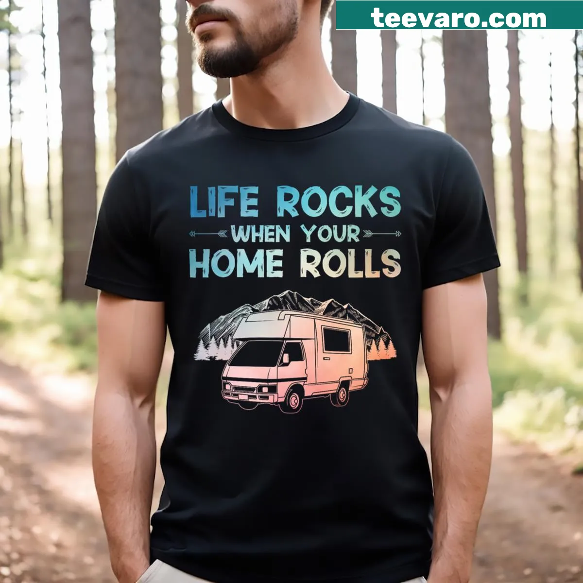 Camping-themed t-shirt featuring humorous outdoor illustrations — on a men's t-shirt