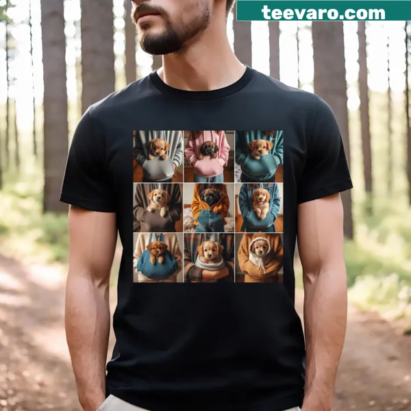 T-shirt featuring cartoon puppies playfully peeking out of pockets