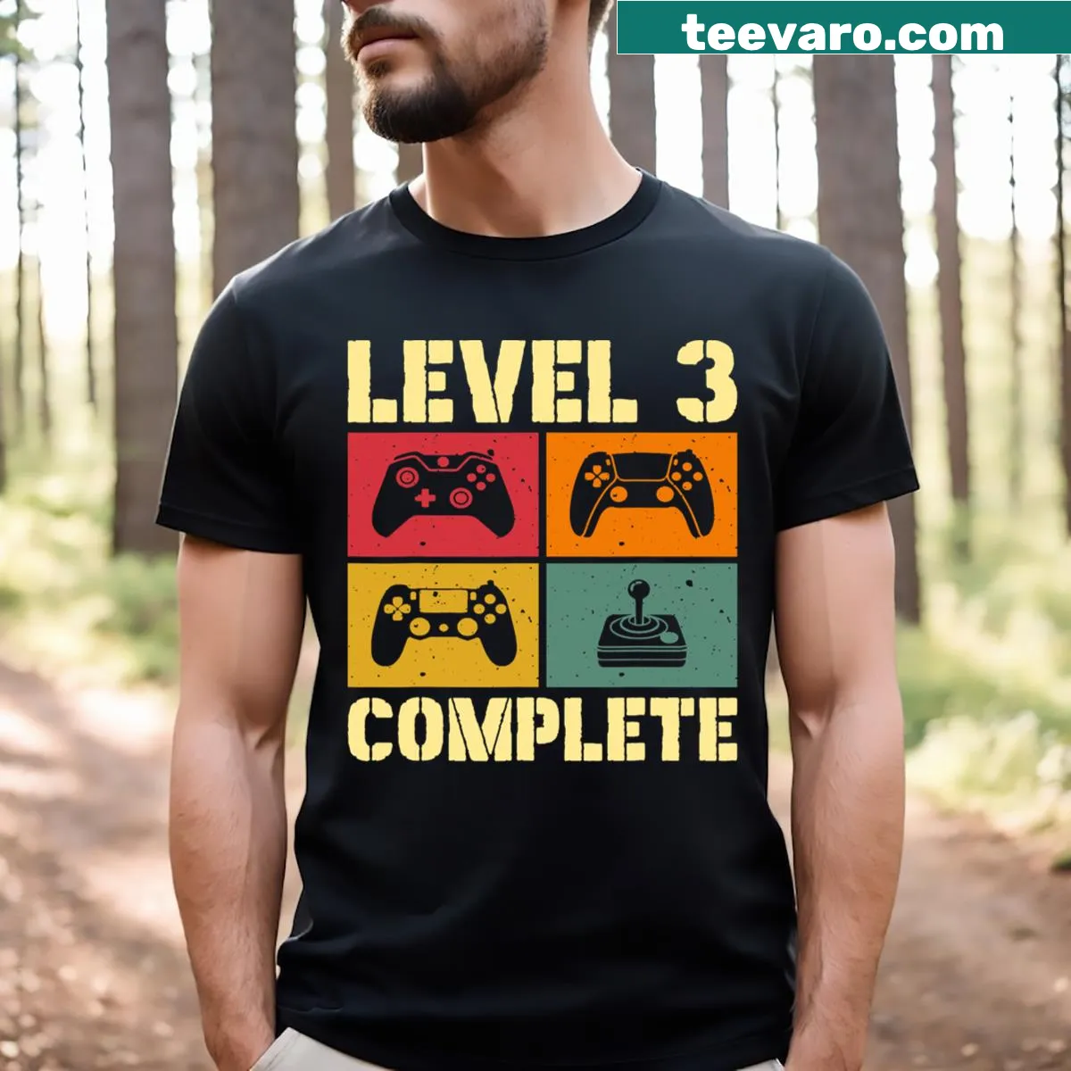 Vintage-style T-shirt with a 'Level 3 Complete' graphic for anniversaries. — on a men's t-shirt