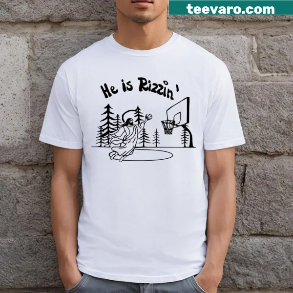 Illustrated T-shirt featuring a humorous Easter slogan 'He Is Rizzen.'