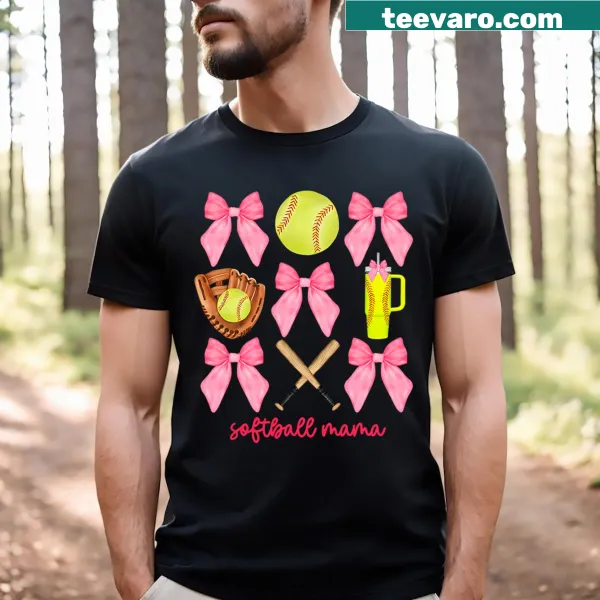 Illustrated T-shirt featuring a cute bow and softball design for moms.