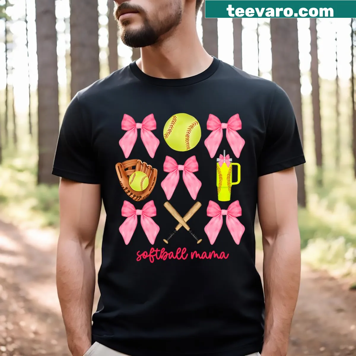 Illustrated T-shirt featuring a cute bow and softball design for moms. — on a men's t-shirt