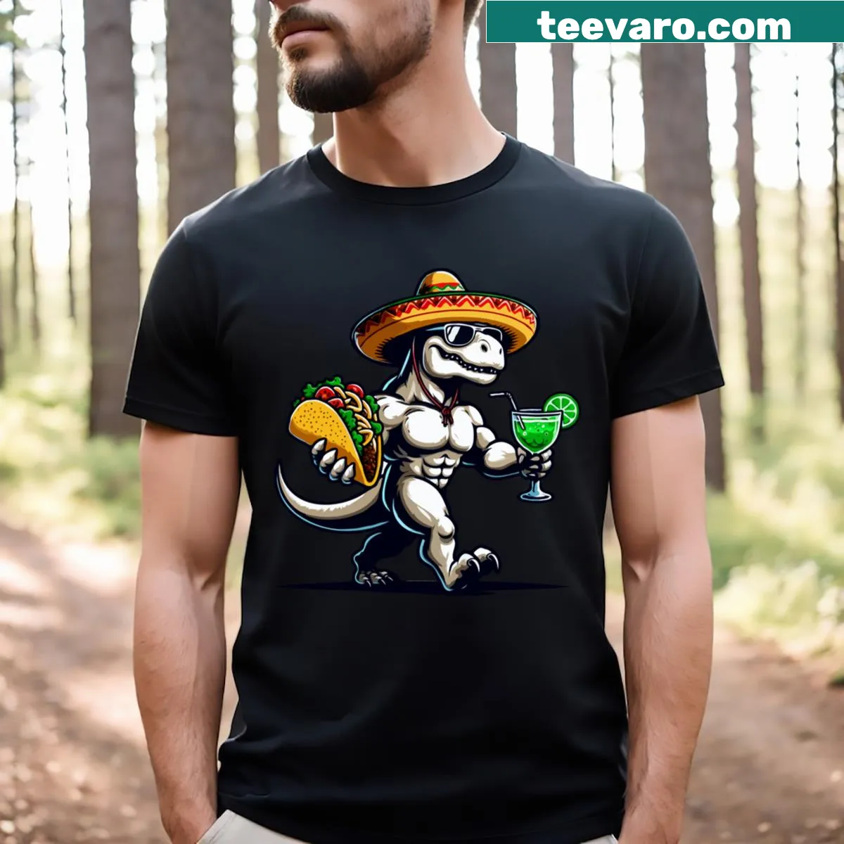 Cartoon T-rex carrying tacos on a Cinco De Mayo themed t-shirt — on a men's t-shirt