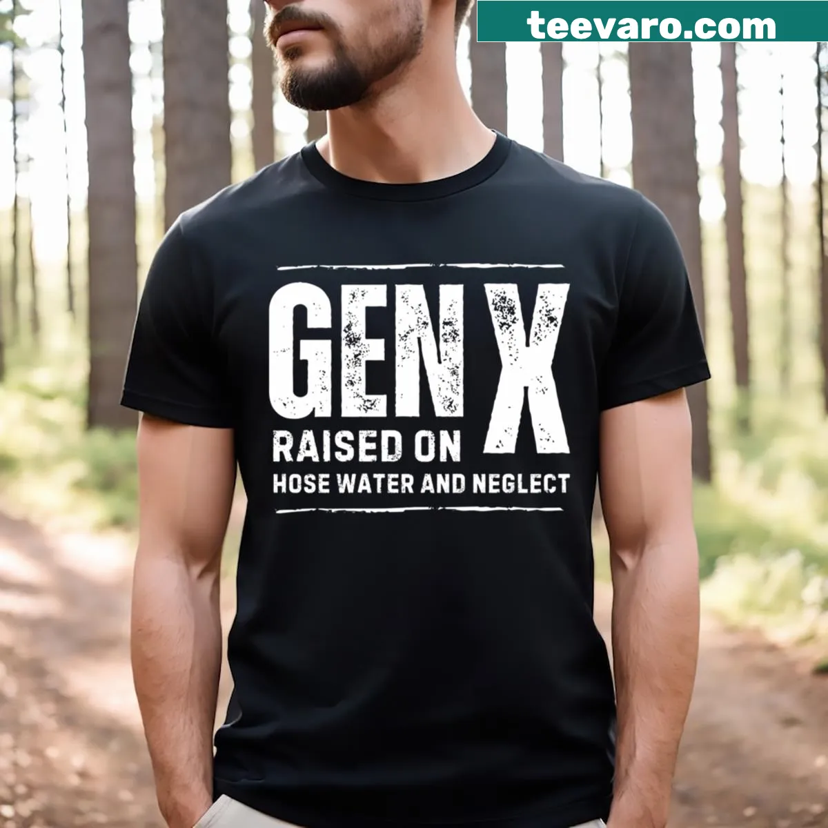 Illustrated t-shirt saying 'Raised On Hose Water And Neglect' for humor — on a men's t-shirt