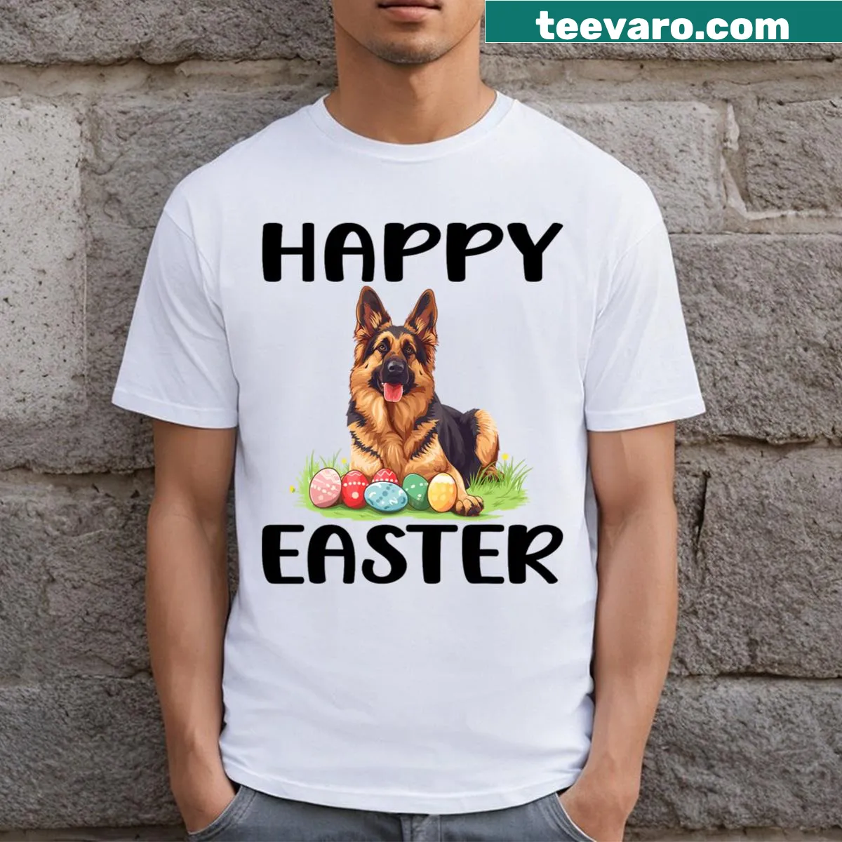 Cute illustration of a German Shepherd for Happy Easter — on a men's t-shirt