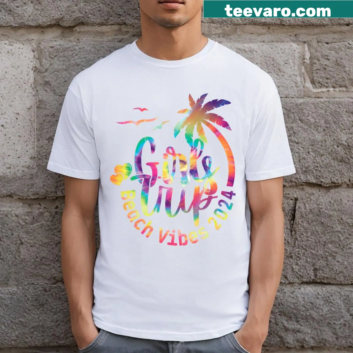 Beach-themed graphic tee for girls weekend trips in 2024 — on a men's t-shirt