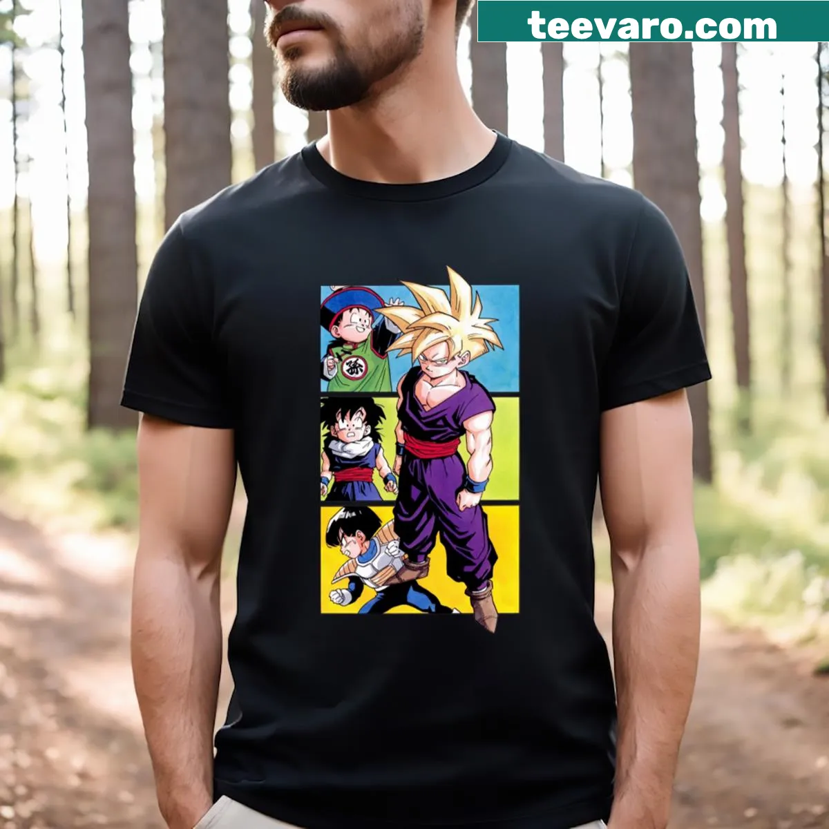 Fun Gohan-themed t-shirt with cartoon design — on a men's t-shirt