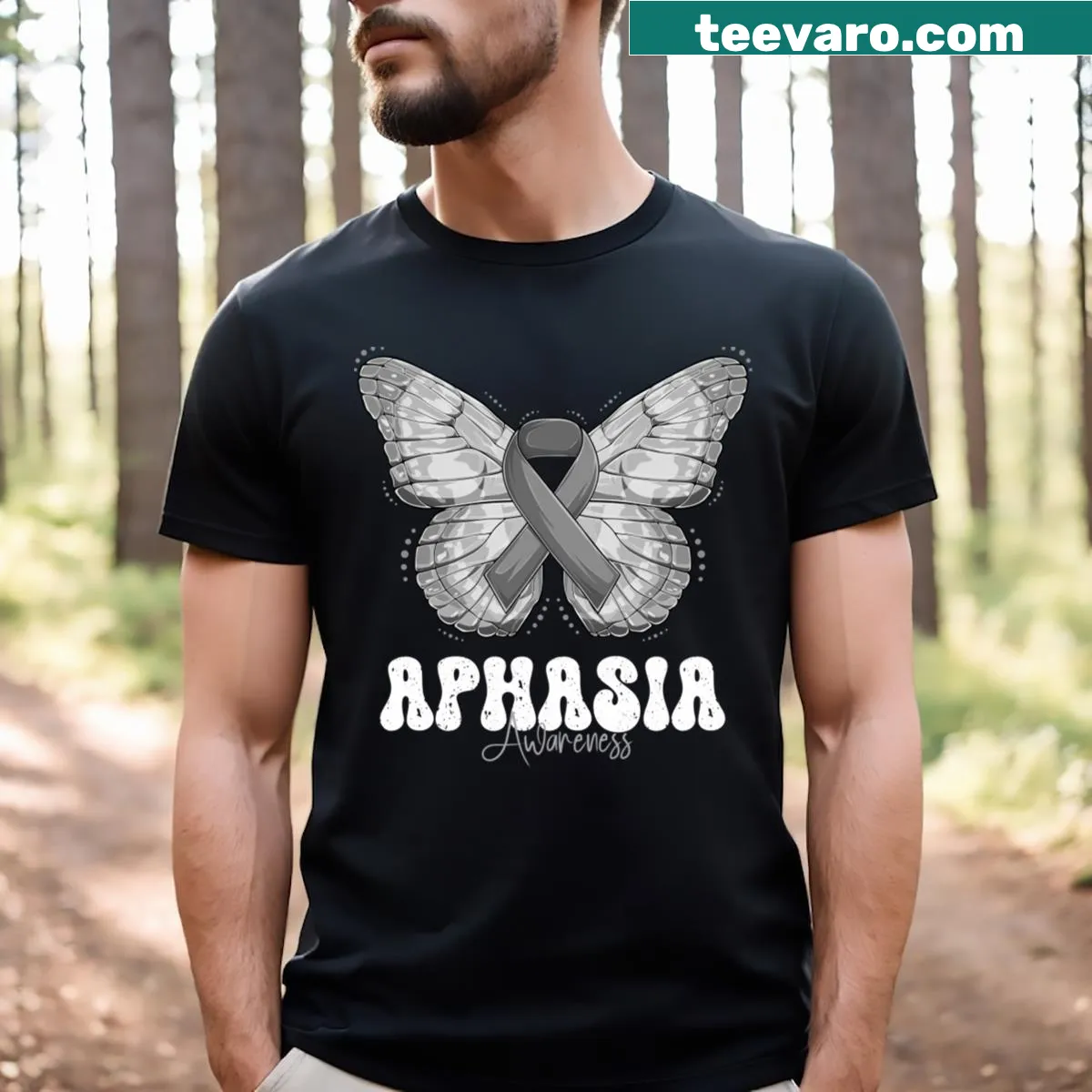 Aphasia awareness t-shirt featuring a gray ribbon with a supportive message. — on a men's t-shirt