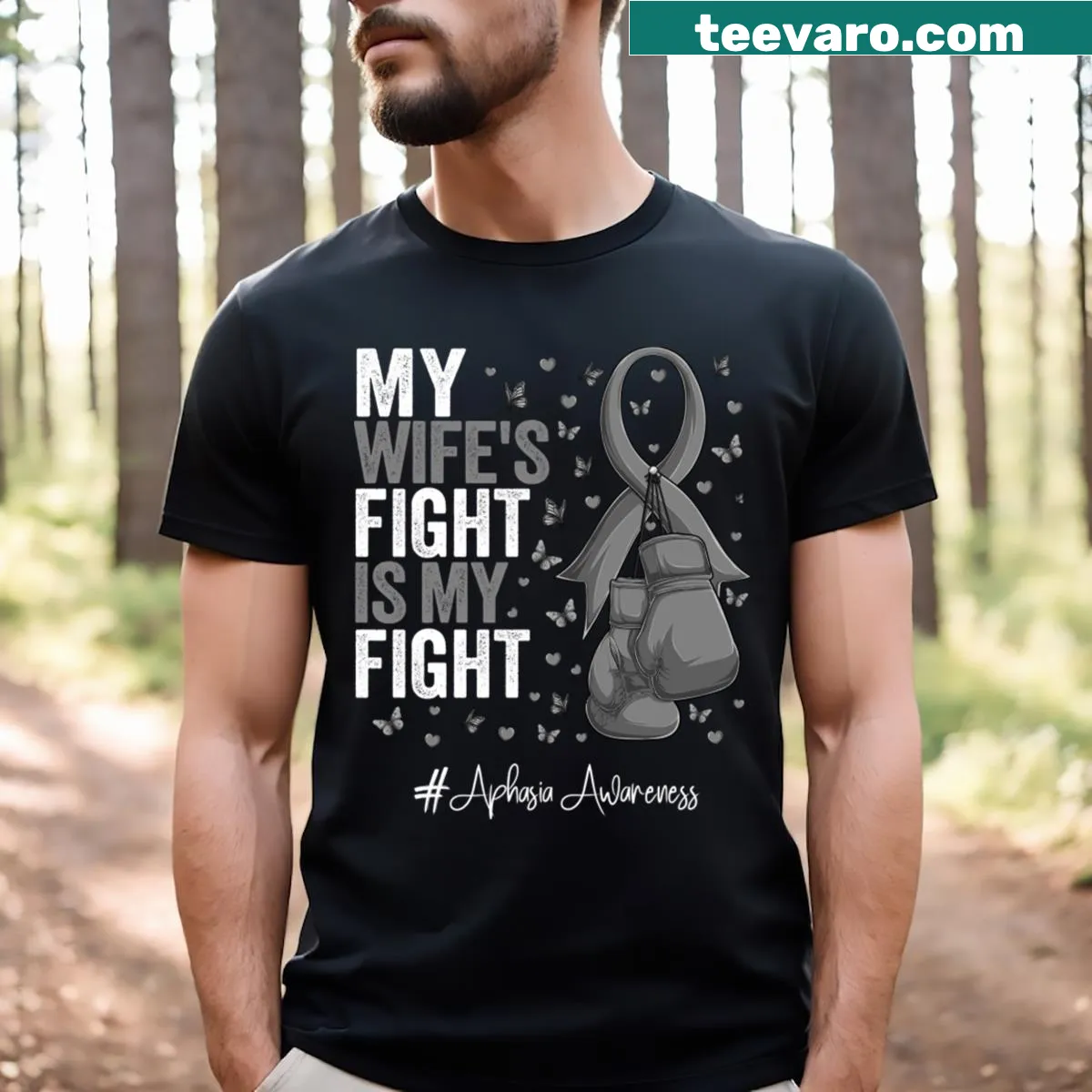 Gray ribbon design with aphasia awareness text on t-shirt — on a men's t-shirt