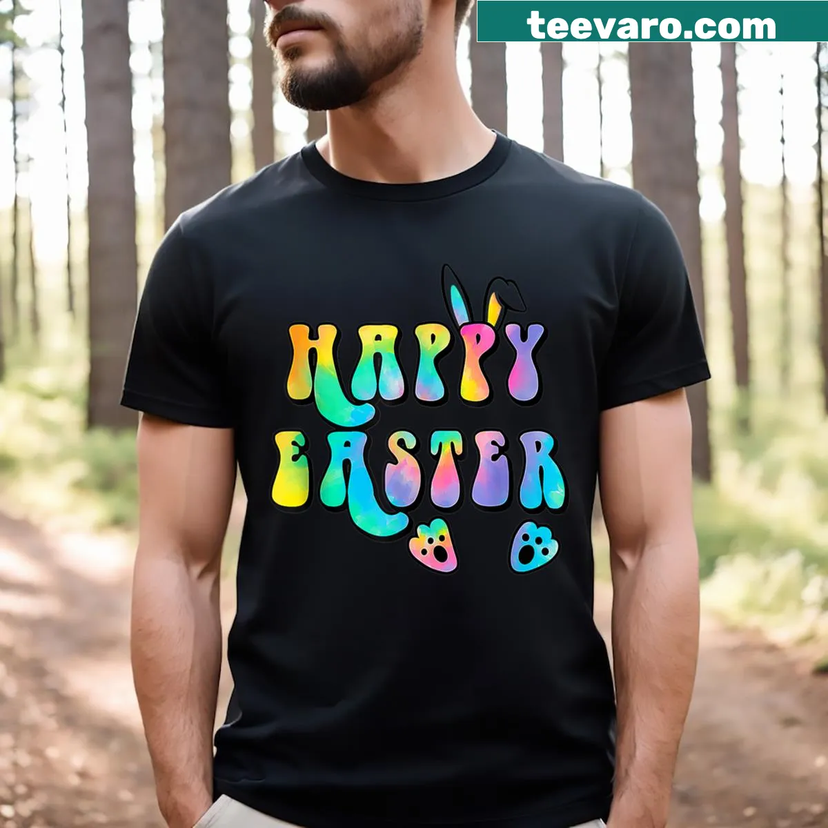 Tie-dye Easter T-shirt featuring a happy bunny design — on a men's t-shirt