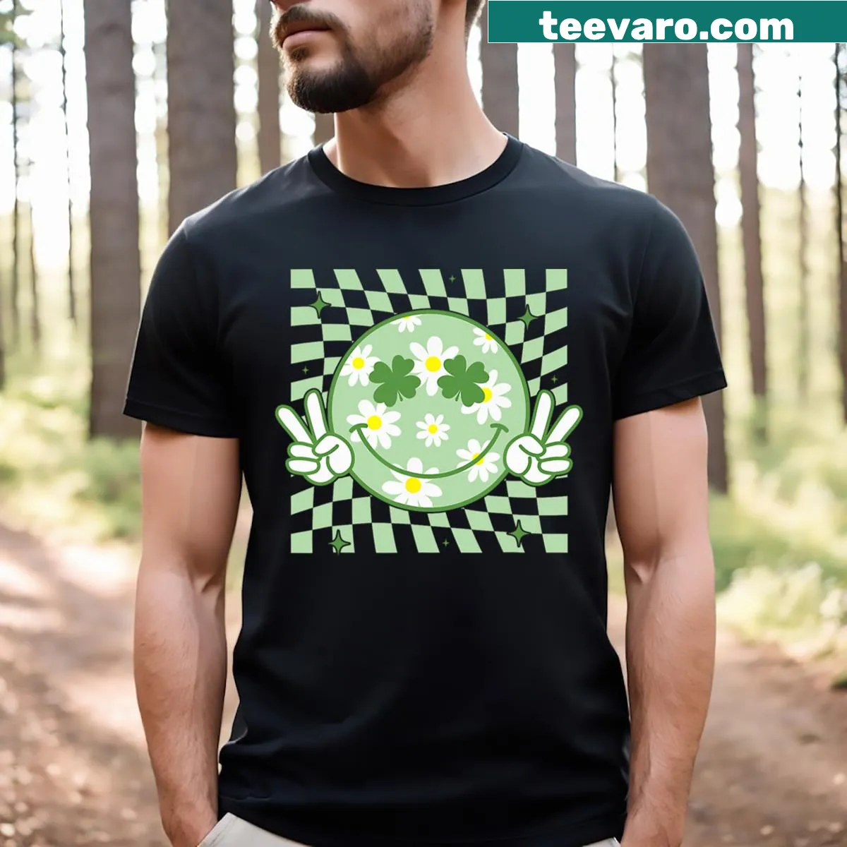 T-shirt with cartoon shamrock smiley face for St. Patrick's Day — on a men's t-shirt