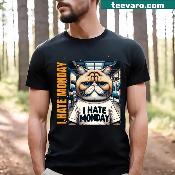 Whimsical T-shirt with a grumpy cat at a train station