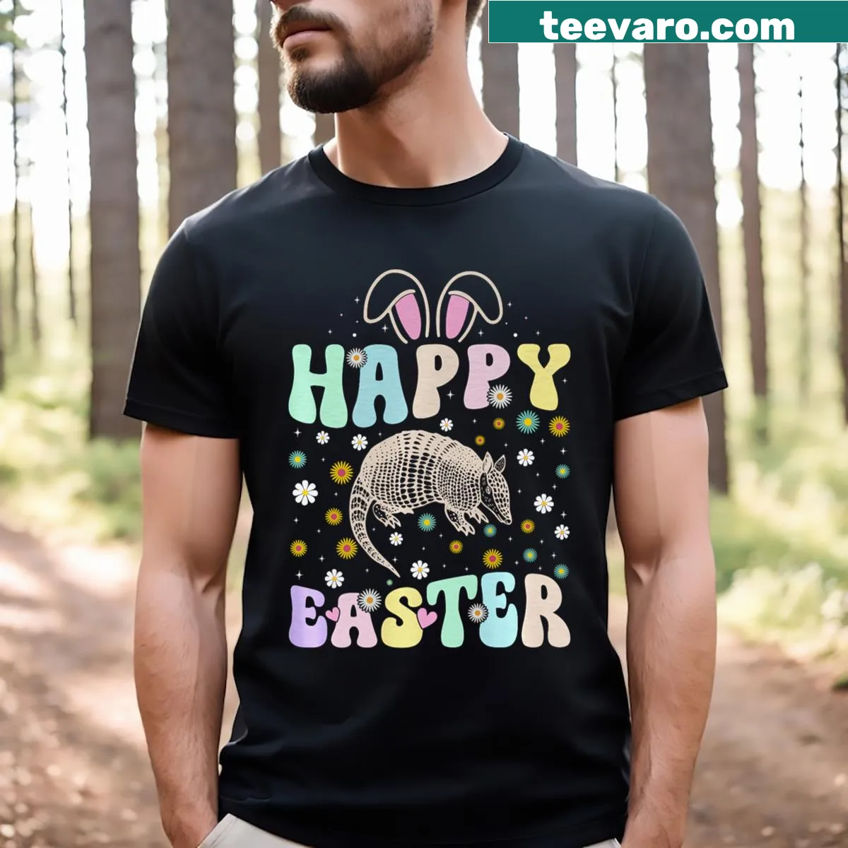 Armadillo with bunny ears illustration for Easter T-shirt. — on a men's t-shirt