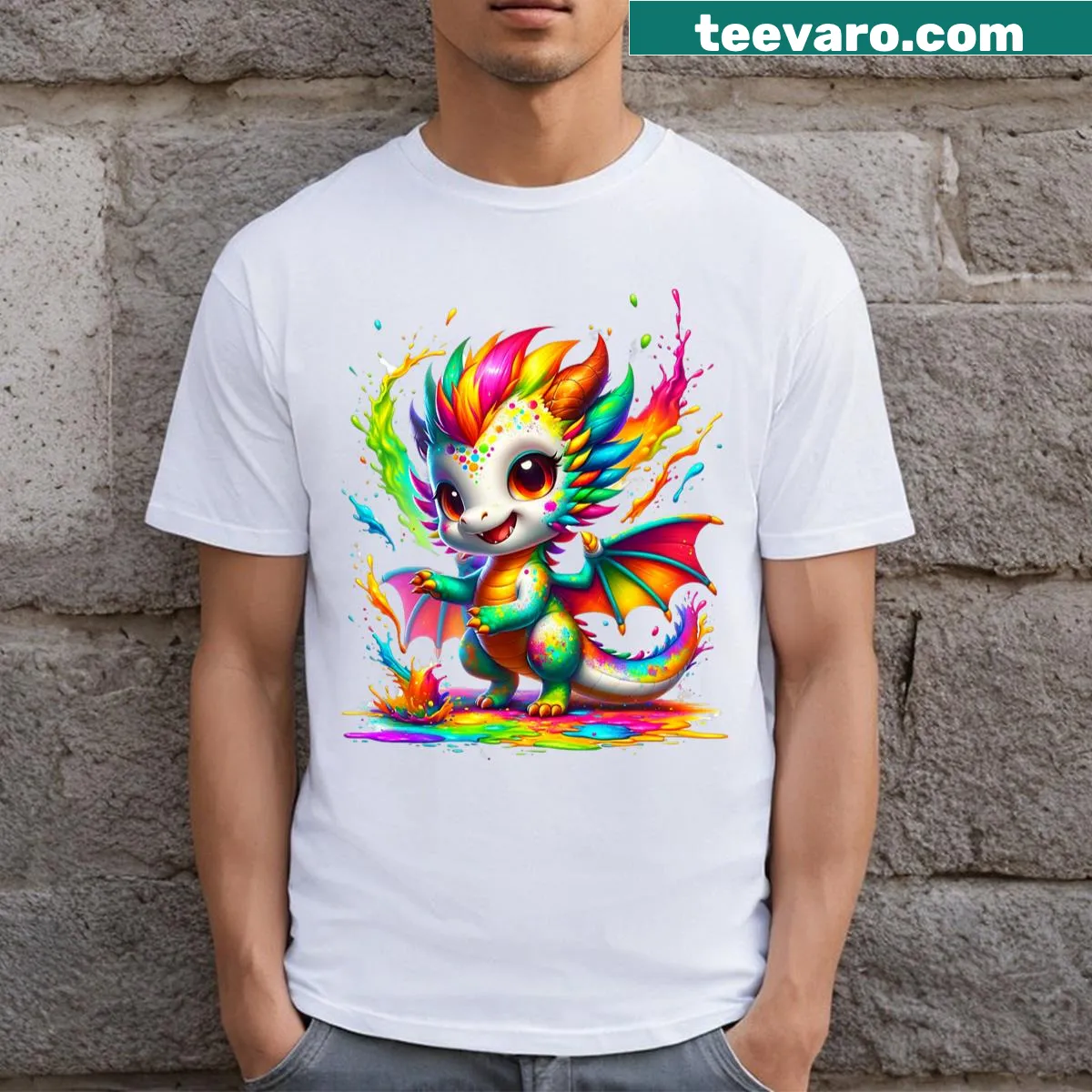 Colorful Holi festival dragon-themed T-shirt — on a men's t-shirt