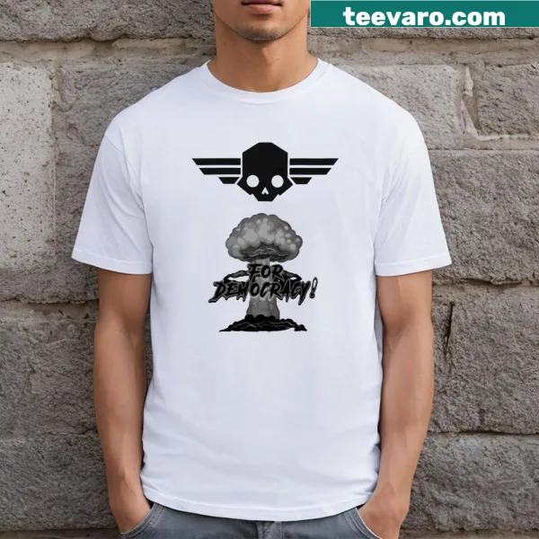Gaming themed t-shirt with 'Helldivers For Democracy' text and graphics
