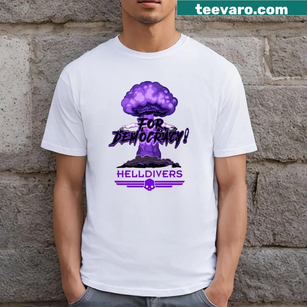 Gaming themed t-shirt with 'Helldivers For Democracy' text and graphics — on a men's t-shirt