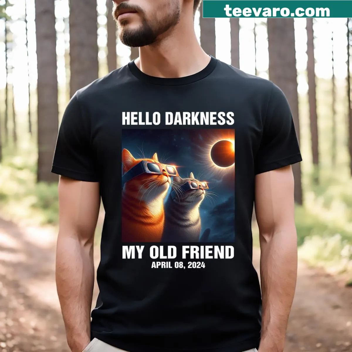 T-shirt with 'Hello Darkness My Old Friend' text and solar eclipse imagery — on a men's t-shirt