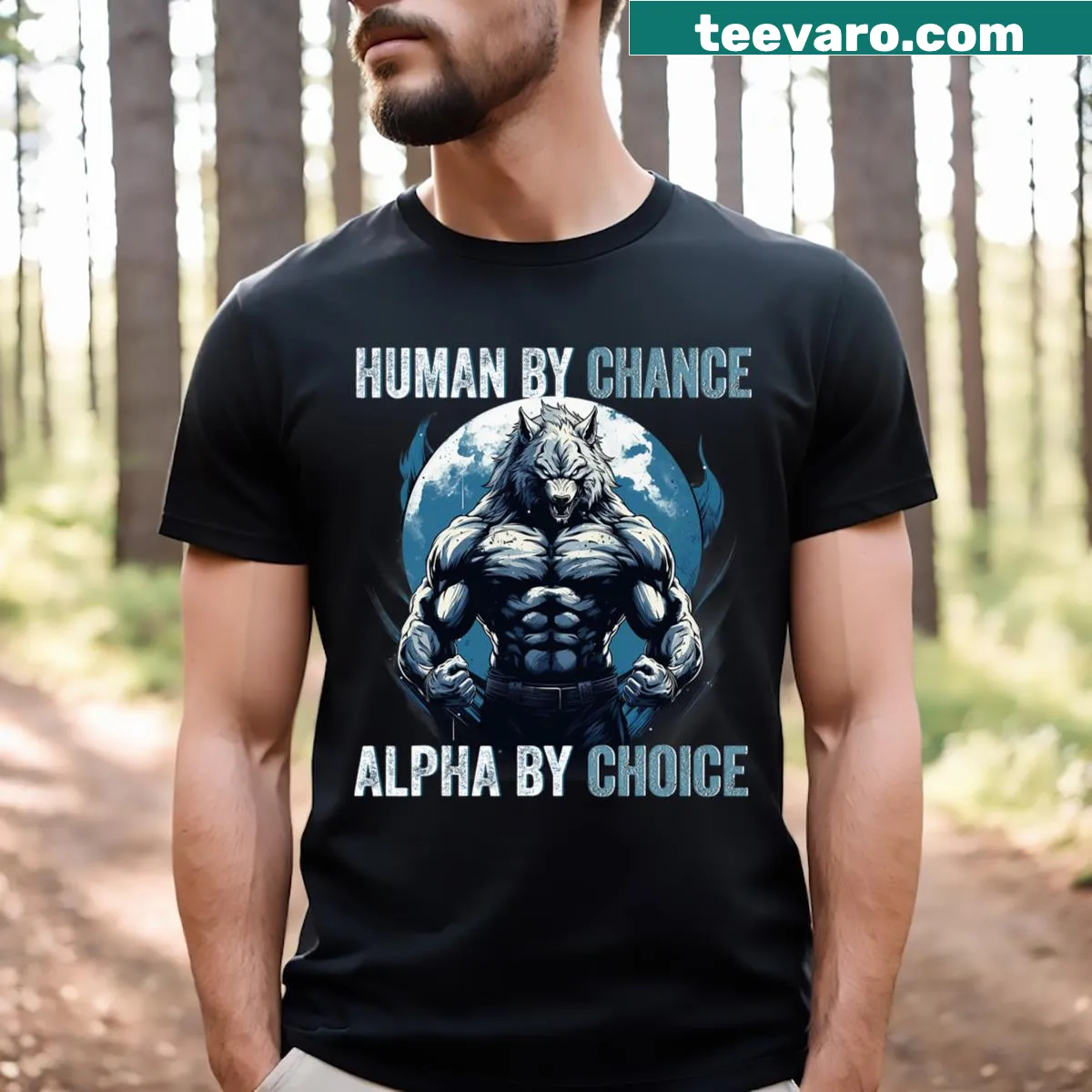 T-shirt with an alpha wolf graphic and motivational phrase — on a men's t-shirt