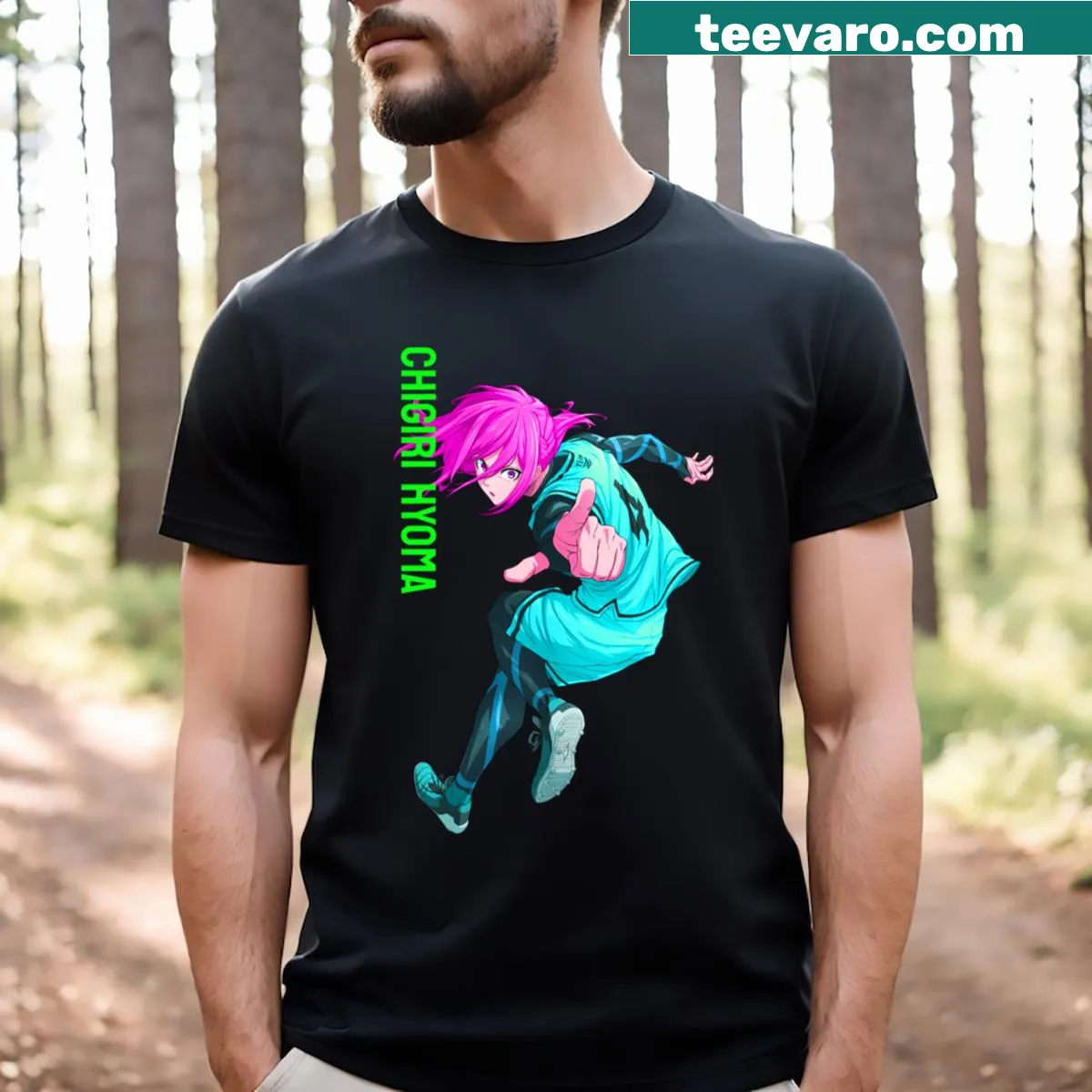 Blue Lock T-shirt featuring Hyoma Chigiri character — on a men's t-shirt