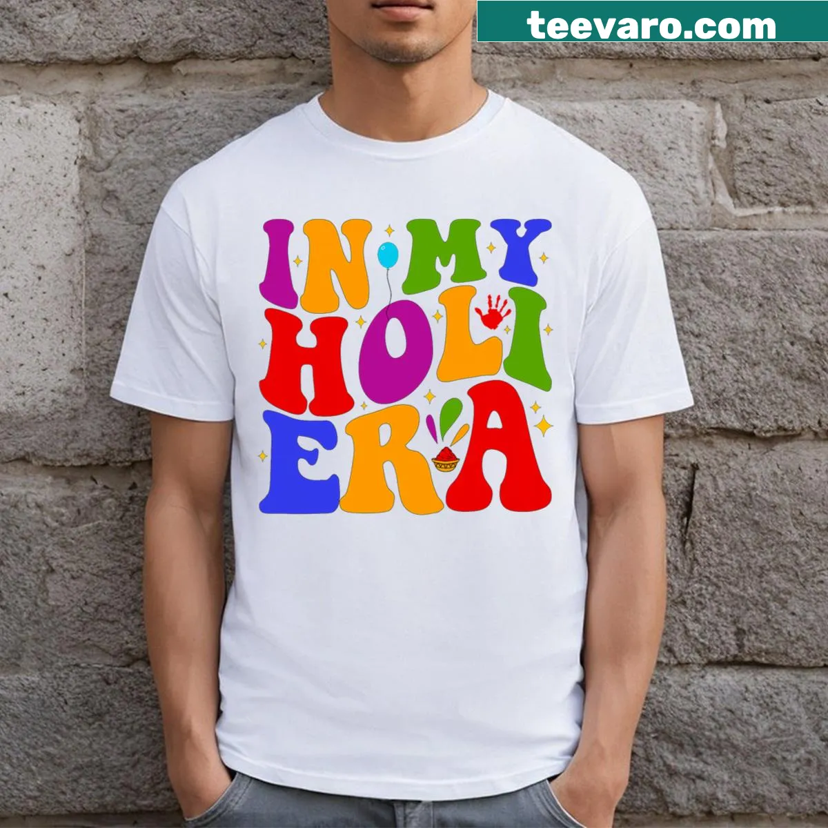 Whimsical Holi festival graphic on a family t-shirt — on a men's t-shirt