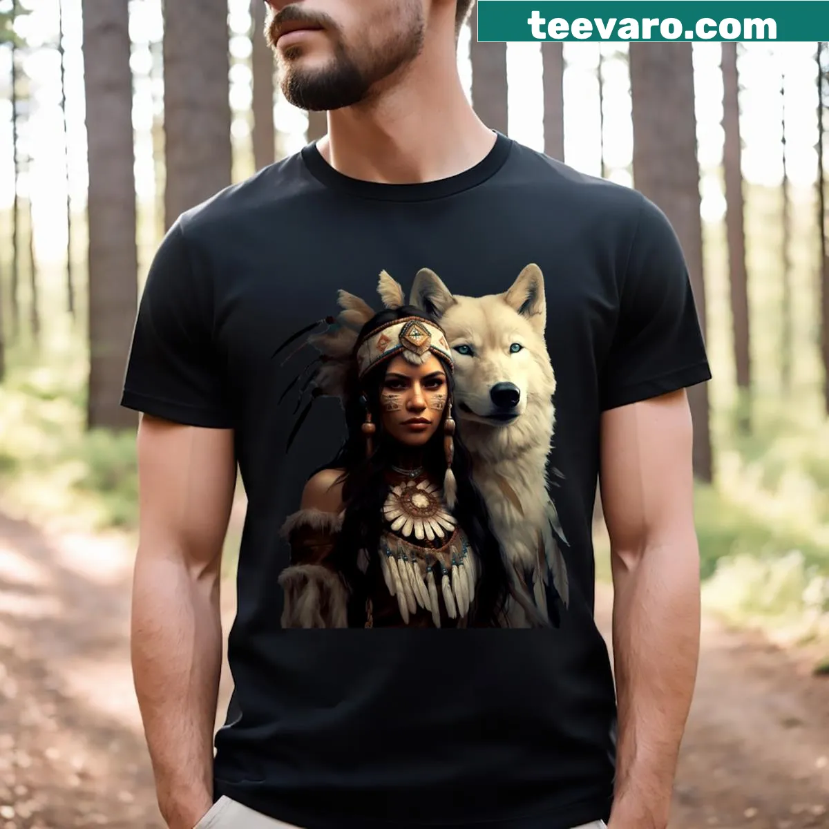 Illustrated vintage t-shirt of an Indian woman with a white wolf. — on a men's t-shirt