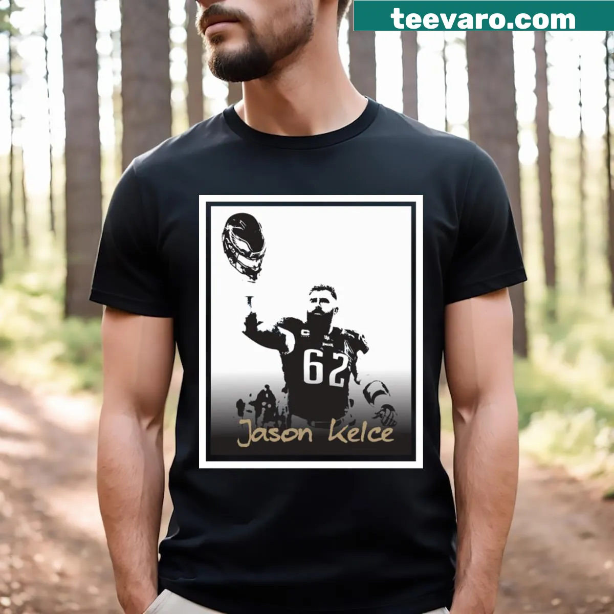 Indiepop T-shirt featuring Jason Kelce in stylized typography. — on a men's t-shirt