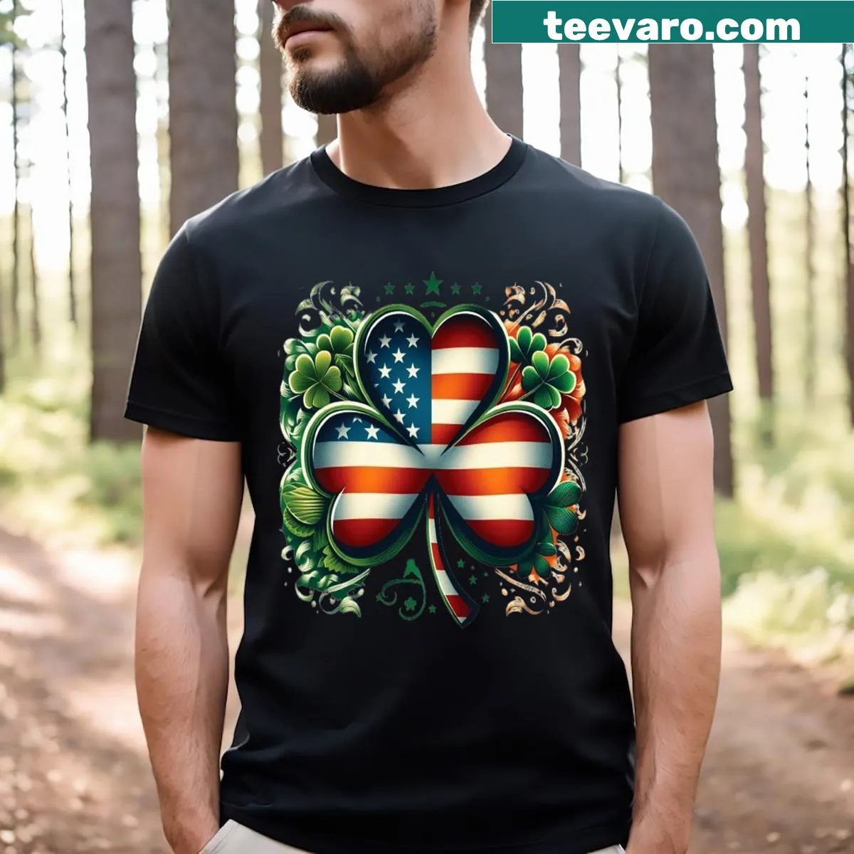 Irish flag and shamrock graphic on a St. Patrick's Day t-shirt — on a men's t-shirt