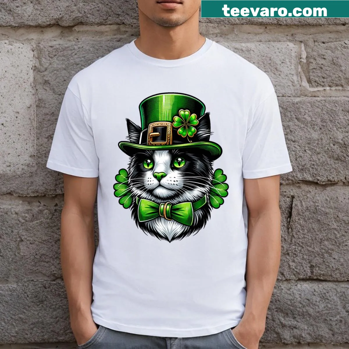 Cute cartoon cat design for St. Patrick's Day on a t-shirt — on a men's t-shirt